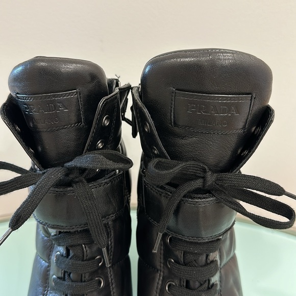 Prada Black Leather Ankle Lace up Boots Side Zip Closure Size 8 - Picture 6 of 6